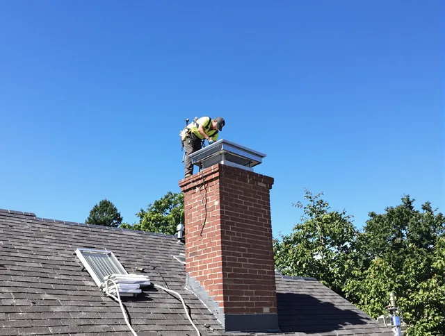 Weston Chimney Sweep technician measuring a chimney cap in Weston, CT