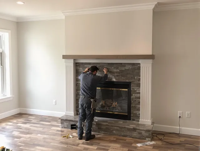 Weston Chimney Sweep finishing a custom fireplace install in Weston, CT